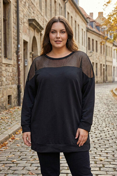 Stil Diva Plus Size Crew Neck Long Sleeve Shoulder Mesh Detailed Sweatshirt E11103