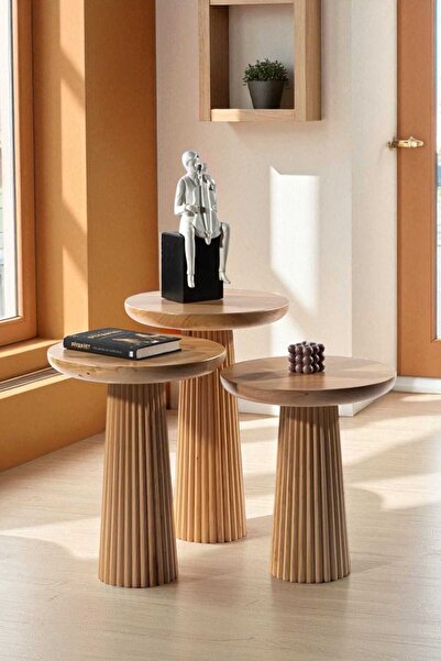 Simillo Home&Living Doğal Ahşap 3’lü Set Mantar Sehpa Tütün Renk