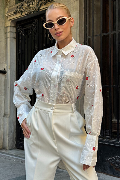 bacc Women's Red Single Pocket Front Short Back Long Embroidery Embroidered a Lace-Like Knit Shirt Bchesq-251154