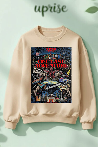 Vordevia Hanorac Stranger Things One Last Adventure cu imprimeu din bumbac 3 fire B guler rotund O supradimensionat