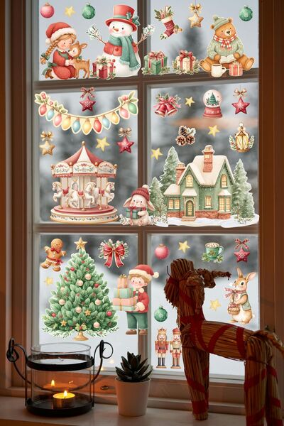 Sticker Ekspres Christmas Celebration with Santa Claus and Carousel 112 Pieces New Year Glass Wall Door Sticker Set