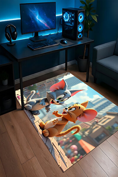 Halura Tom Ve Jerry Desenli Kaymaz Taban Makinede Yıkanabilir Oyuncu Gamer Ge...