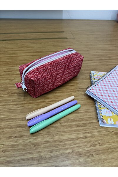 AXUM حافظة أقلام بيضاء بسحاب ونقشة حمراء، حامل أقلام ببطانة وردية اللون قابل ...