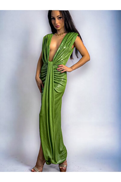 OEMN Women's Metallic Dress with ruffles and deep neckline - Hannah