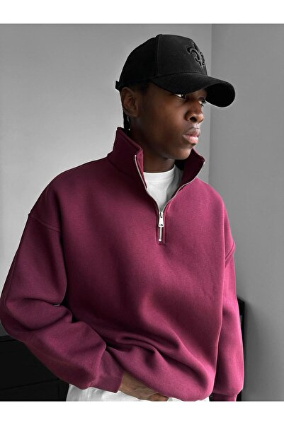elkumoda Erkek Oversize Yarım Fermuarlı Sweatshirt Dik Yaka Half Zip Kalın Kı...