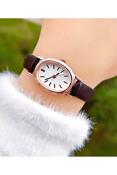 Weluxa Rose Color Case Bitter Brown Leather Band Minimal Vintage Women Wristw...