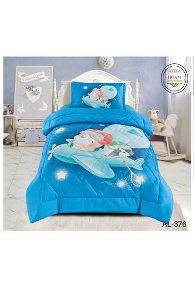 FABRIC Children's airplane-themed comforter set in blue. 3 pieces: 1 pillowca...