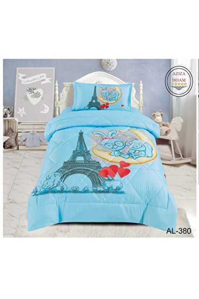 FABRIC لحاف أطفال/نفر بتصميم الأرانب في باريس بلون الأزرق الفاتح. 3 قطع وسادة...