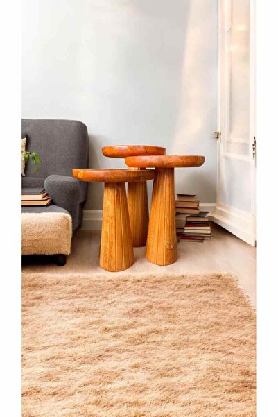 Simillo Home&Living Açık Meşe Masif Ahşap Mantar Sehpa 3’lü Set Fiskos ve Zigon