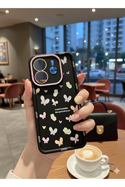 TechTrove Xiaomi Redmi Note 14 4G İçin Siyah Zemin Kelebekli ve Renkli Lens Ç...