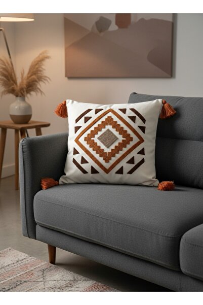 MACASA Κάλυμμα μαξιλαριού ριχτάρι σε μποέμικο στυλ, κεντημένο με μονόχρωμο κρανίο, 100% βαμβακερό ύφασμα εκρού, χειροποίητο με λεπτομέρεια με φουντούκια