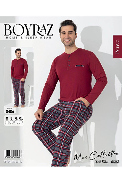 BOYRAZ Red Plaid Pattern Long Sleeve Men's Pajama Set