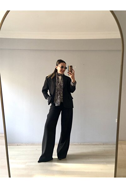 Gözde Tasarım Butik Premium Quality 3-Piece Set of Women's Black Color Pants, Jacket and Scarf