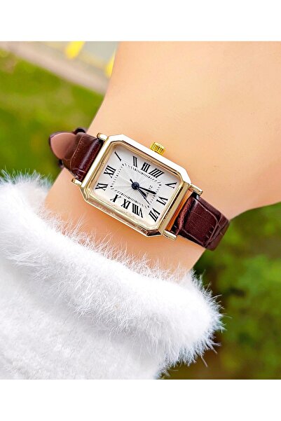 Weluxa Gold Color Case Bitter Brown Leather Band Minimal Vintage Women Wristw...