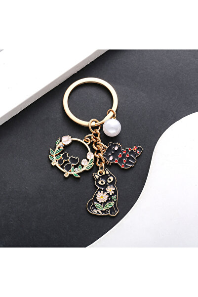 Hilosh Black Cat with Floral Pearl Detail Gold Color Keychain and Bag Accessory
