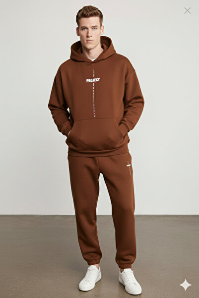 NİCE Project Men's Print Detailed Oversized Three Thread Hooded 100% Organic Cotton Tracksuit - Bottom and Top Set