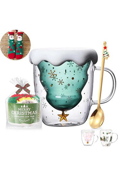 Binoster Cute Mugs Christmas Double Walled Glass Coffee Mug (Green)