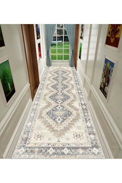 FABRIC مفرش ممر بنقوش هندسية مقاس $80 \times 300$ سم بلون البيج والرمادي والأزرق.