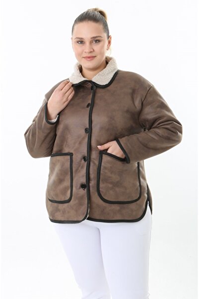 Butik Nilyam Women's Plus Size Button Detailed Nubuck Coat with Lamb Plush Inside and Pockets 25031