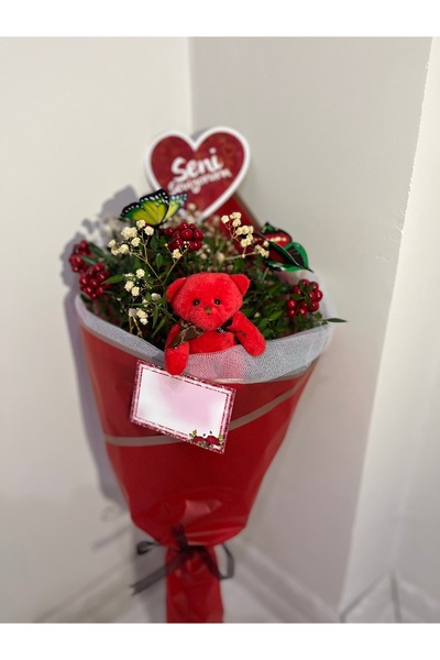 greendeco Kokina aranjman çiçeği kırmızı buket (kelebek -Ayıcık-Seni seviyorum - cipso) şans