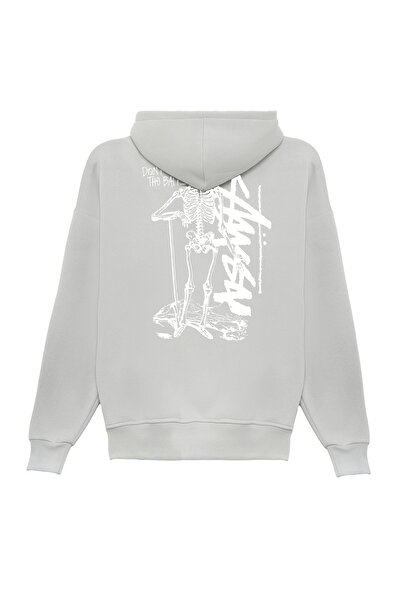 THE RULE Unisex Stüssy Skeleton B Printed O Oversized Loose Fit Cotton 3 Thread Sha Fleece-Lined Ri Ka Hooded Weatshirt