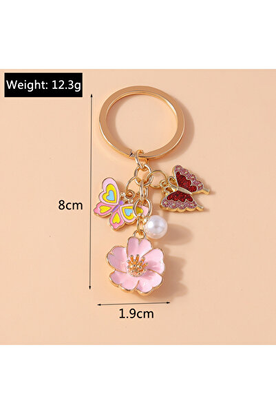 Hilosh Pink Floral Double Butterfly and Pearl Detailed Gold Color Keychain an...