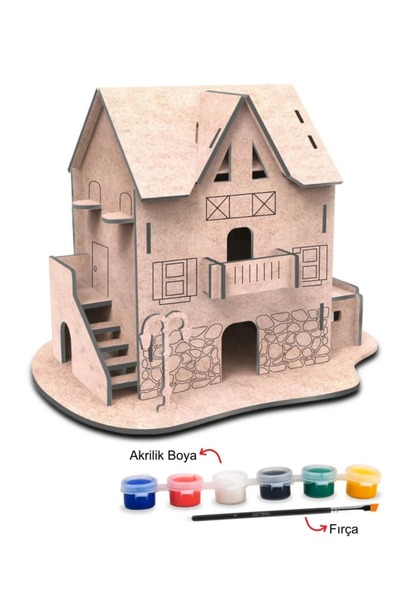 TOYZ PLAY Taş Ev Modeli Ahşap Maket Boyama Seti, 6'lı Boya Ve Fırça Dahil