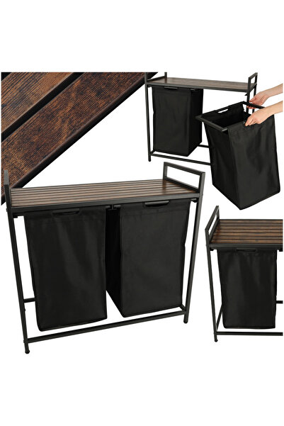 Avex Cos mare de rufe cu doua compartimente, cu raft si blat din lemn, model LOFT, culoare neagra