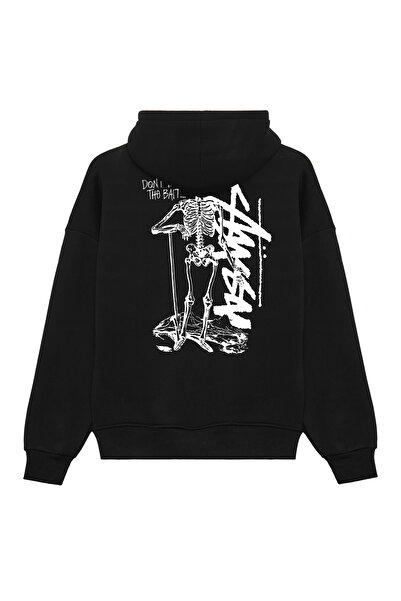 THE RULE Unisex Stüssy Skeleton B Printed O Oversized Loose Fit 3 Thread Sha Fleece-Lined Iyah Ka Hooded Weatshirt Rf0605