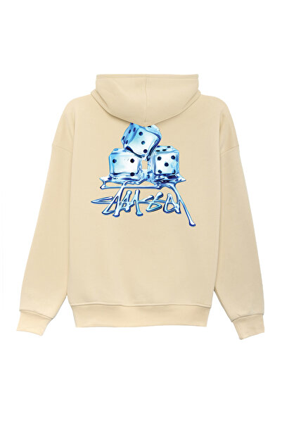 THE RULE Unisex Stüssy Ice Cube Printed Oversized Bol Cut Cotton 3 Thread Ş Fleece-Lined Beige K Hooded Sweatshirt