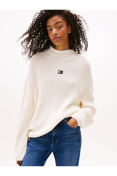 Tommy Hilfiger Pulover din bumbac cu jumătate de gât pentru femei – Ecru