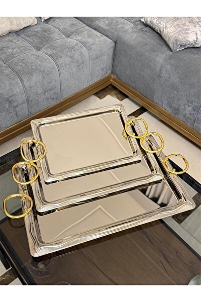 aljahwari 3-piece serving tray set, nickel finish, gold handle
