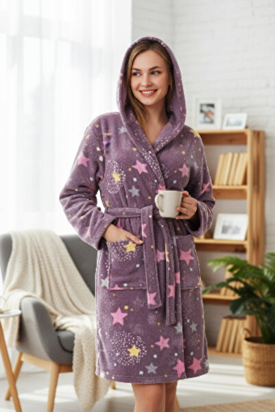 Star Fashion Halat dama cu gluga, tip capot de casa, din polar, pentru sezonul de iarna,cu cordon