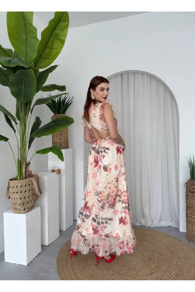 ETİKAFASHION Cut Out Yırtmaçlı Fırfırlı Uzun Elbise