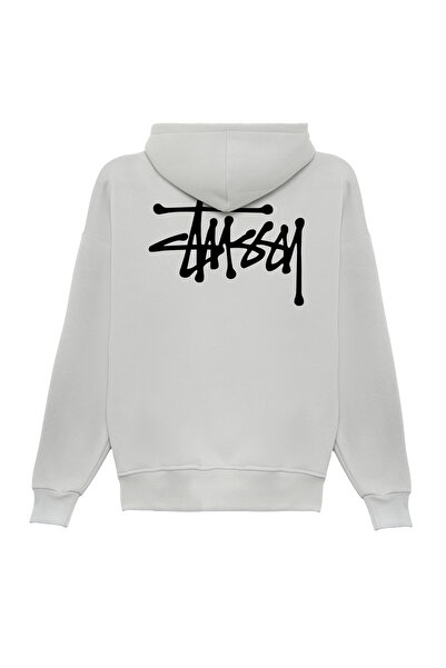 THE RULE Unisex Stüssy Back Text Printed Oversized Loose Fit Cotton 3 Thread Ş Fleece-Lined Gray K Hooded Sweatshirt