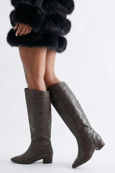 TrendyAnka Women's Brown Leather Fur Lined 3 cm Heeled Daily Below-Knee Pointed Toe Boots Brown