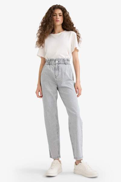 DeFacto Paperbag High Waist Straight Leg Long Jean Snow Washed Pants E7762Ax25Au