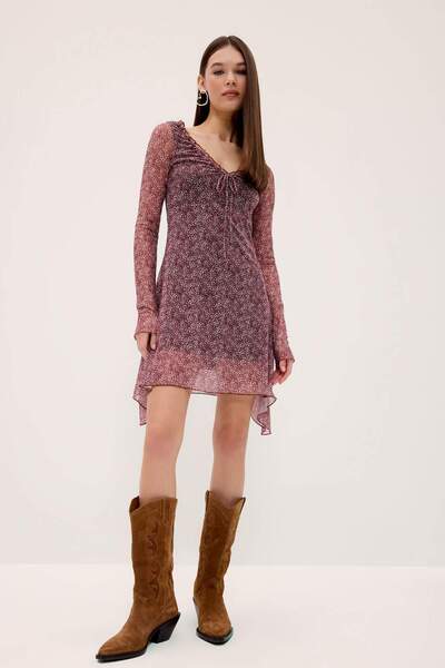 DeFacto V-Neck Floral Tulle Long Sleeve Mini Dress F3464Ax25Sp