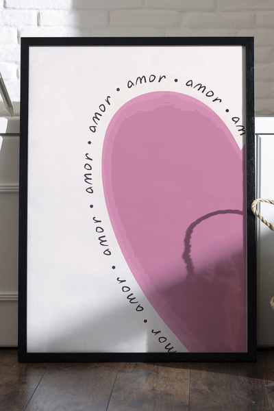 Duvarda Poster cu inimă roz, înrămat în lemn natural, pictură decorativă de p...