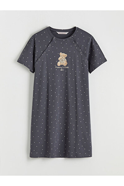 LC Waikiki Gri Bisiklet Yaka Baskılı Hamile Gecelik