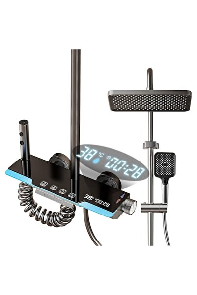 QuTek Set de duș DeLuxe — Cap de duș dreptunghiular, afișaj digital, LED, crom