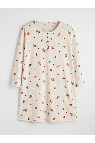 LC Waikiki Bej Bisiklet Yaka Ayı Teddy Desenli Hamile Gecelik