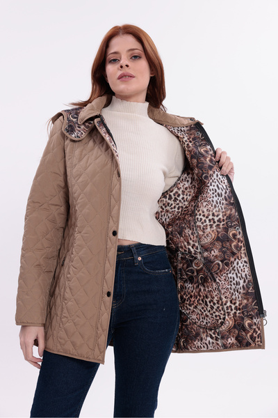 Butik Women's Plus Size Hooded Leopard Print Zipper Snap Button Quilted Coat Jacket