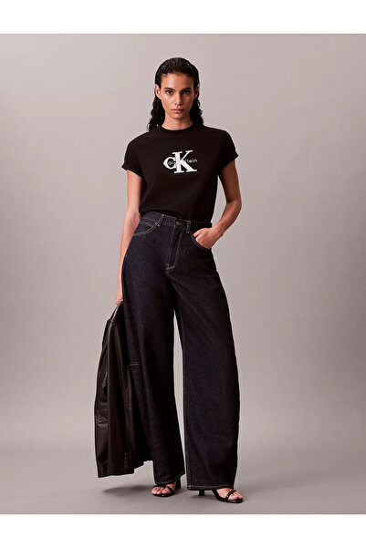 Calvin Klein Women's Regular Fit Round Neck Logo Embroidered Short Sleeve Black T-Shirt Lv047E819G-Ub1