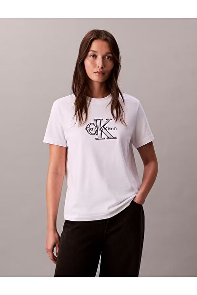 Calvin Klein Women's Regular Fit Round Neck Logo Embroidered Short Sleeve White T-Shirt Lv047E819G-Yaa