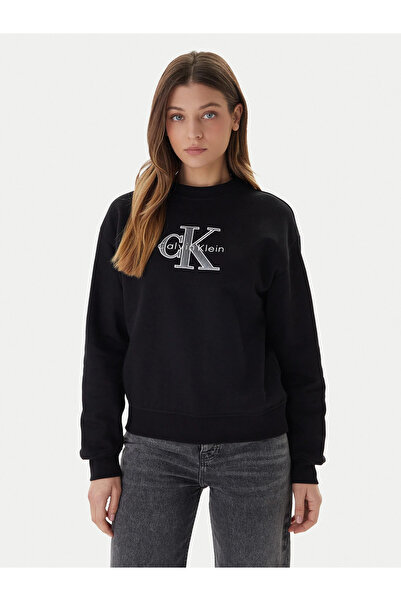 Calvin Klein Women's Regular Fit Cotton Logo Embroidered Long Sleeve Black Sweatshirt Lv047E825G-Ub1