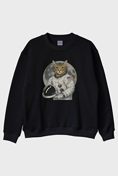 Generic Brand Astronaut Cat Black Crew Neck Sweatshirt