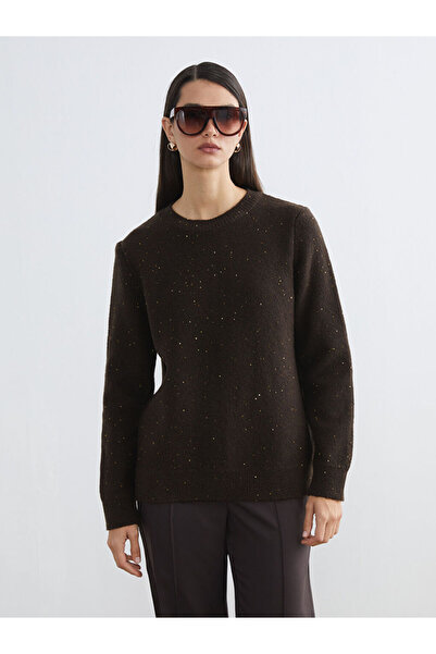 LC Waikiki Patenth's Brown Crew Neck Sequin Embroidered Women's Knitwear Sweater