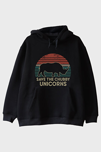 Generic Brand Save the Chubby Unicorns Retro Rhino Printed Black Hoodie