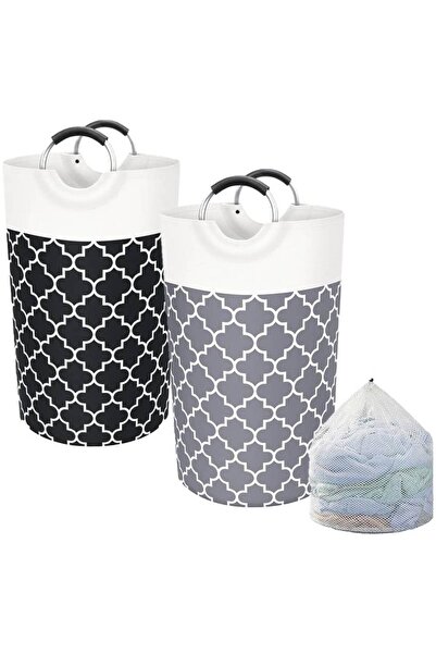 HYX Laundry Basket 82L Foldable Hamper with Mesh Washbag (Grey/Black Round)